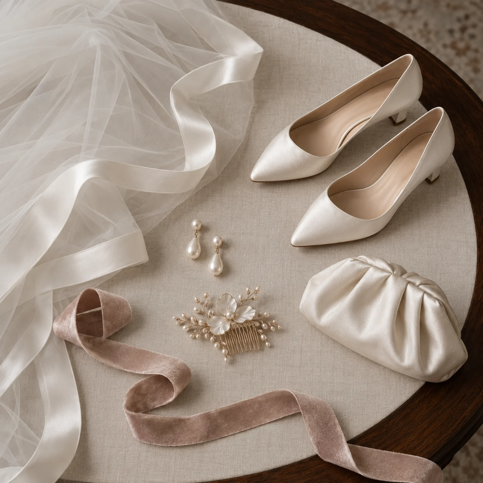 Curated bridal accessories including veil, shoes, earrings, and hair comb