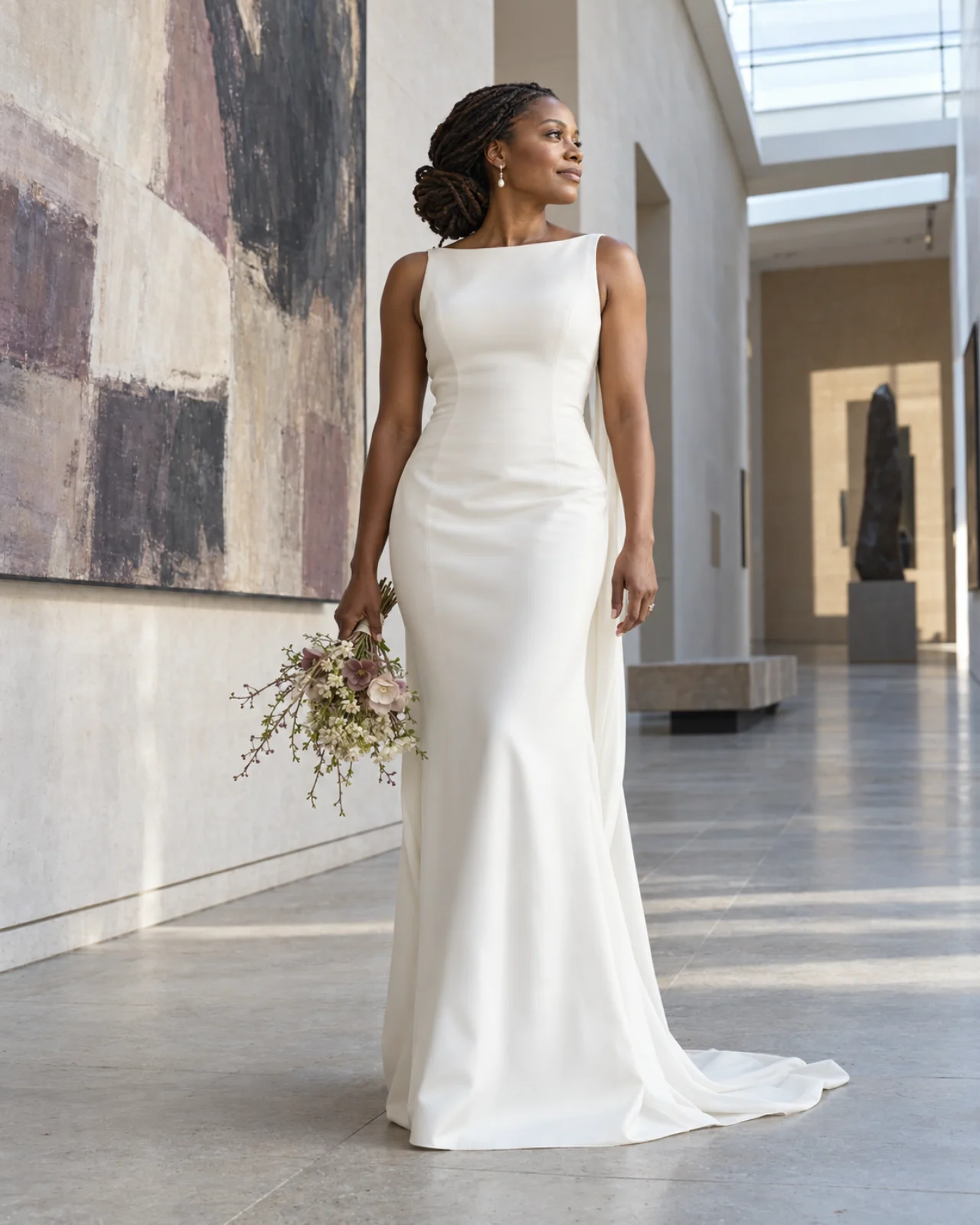 Bride in an architectural ivory column gown