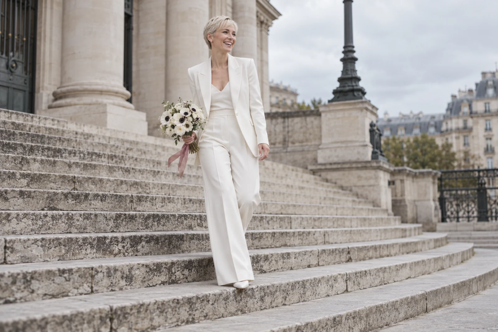 Bride in a tailored ivory wedding suit