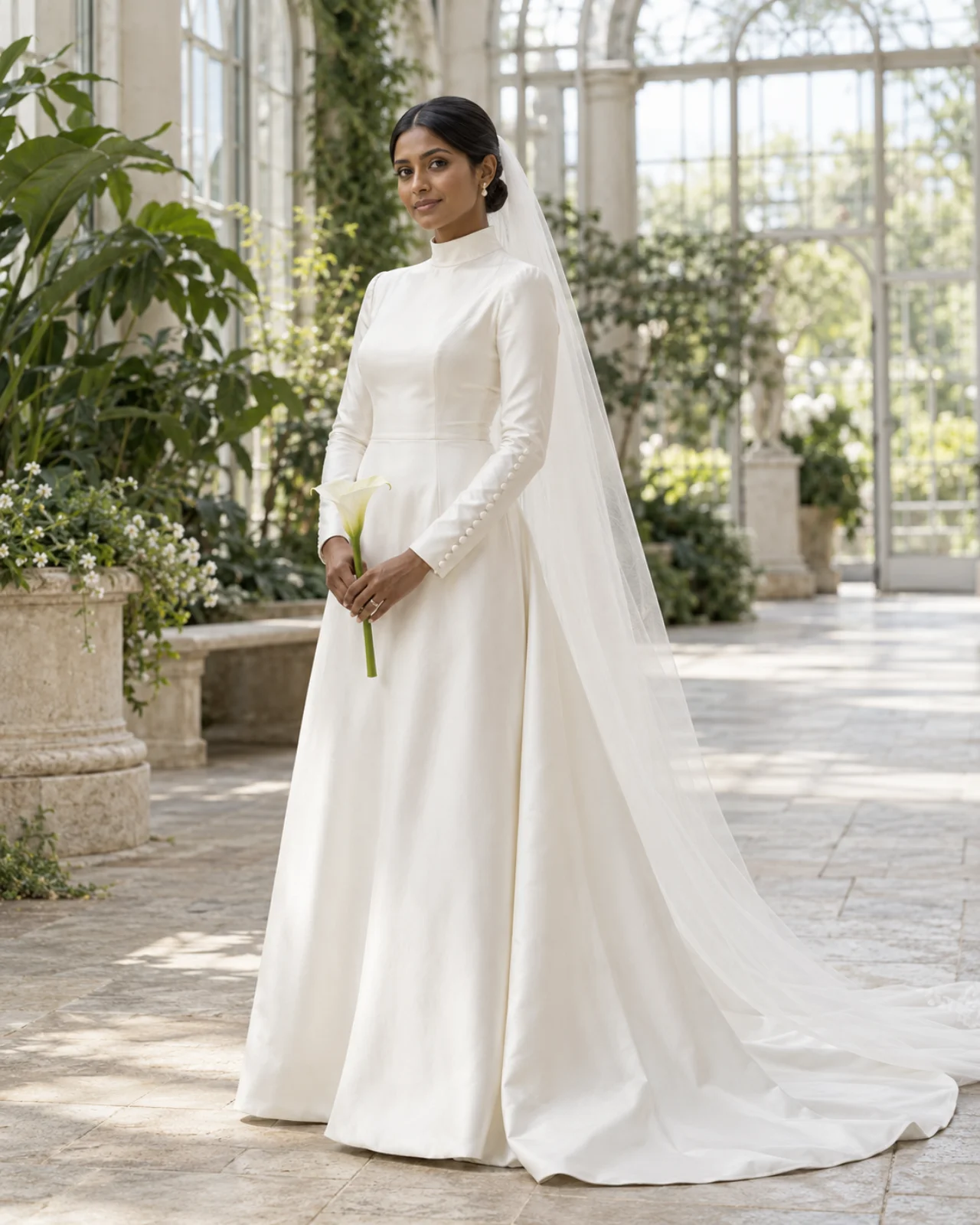 Bride in a high-neck ivory gown and veil