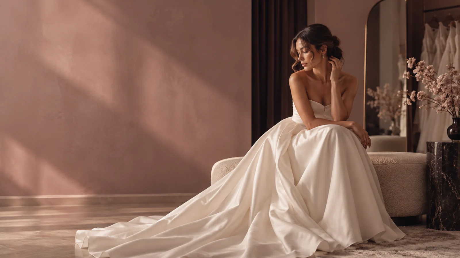 Bride seated in a private bridal fitting studio wearing an ivory gown