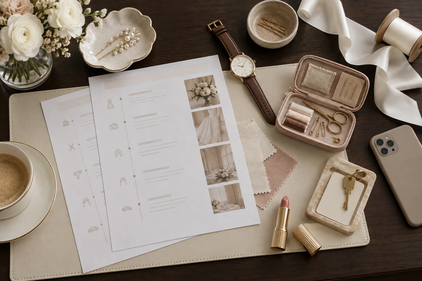 Wedding morning planning materials on a desk
