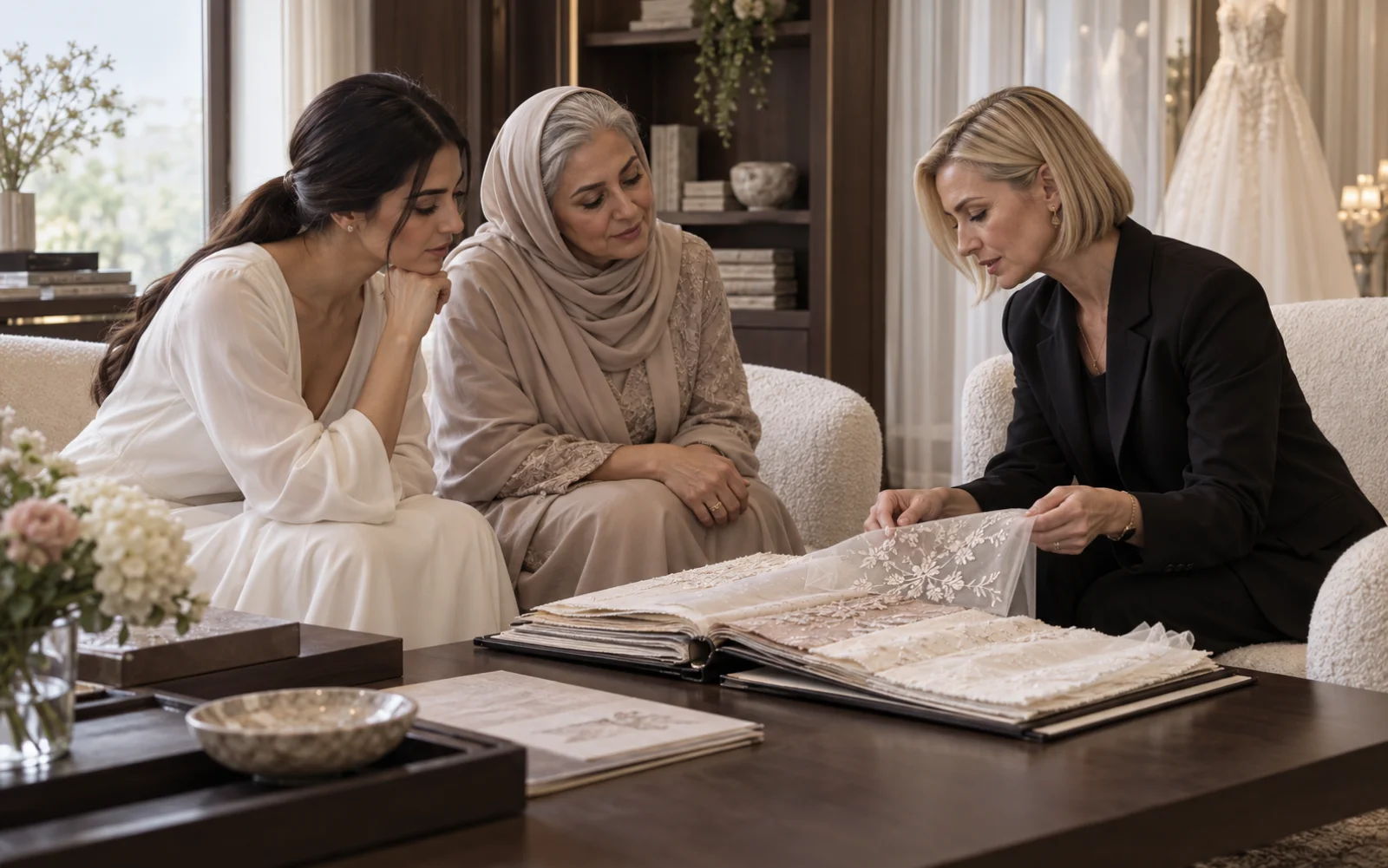 Bride and mother reviewing fabric with a bridal consultant