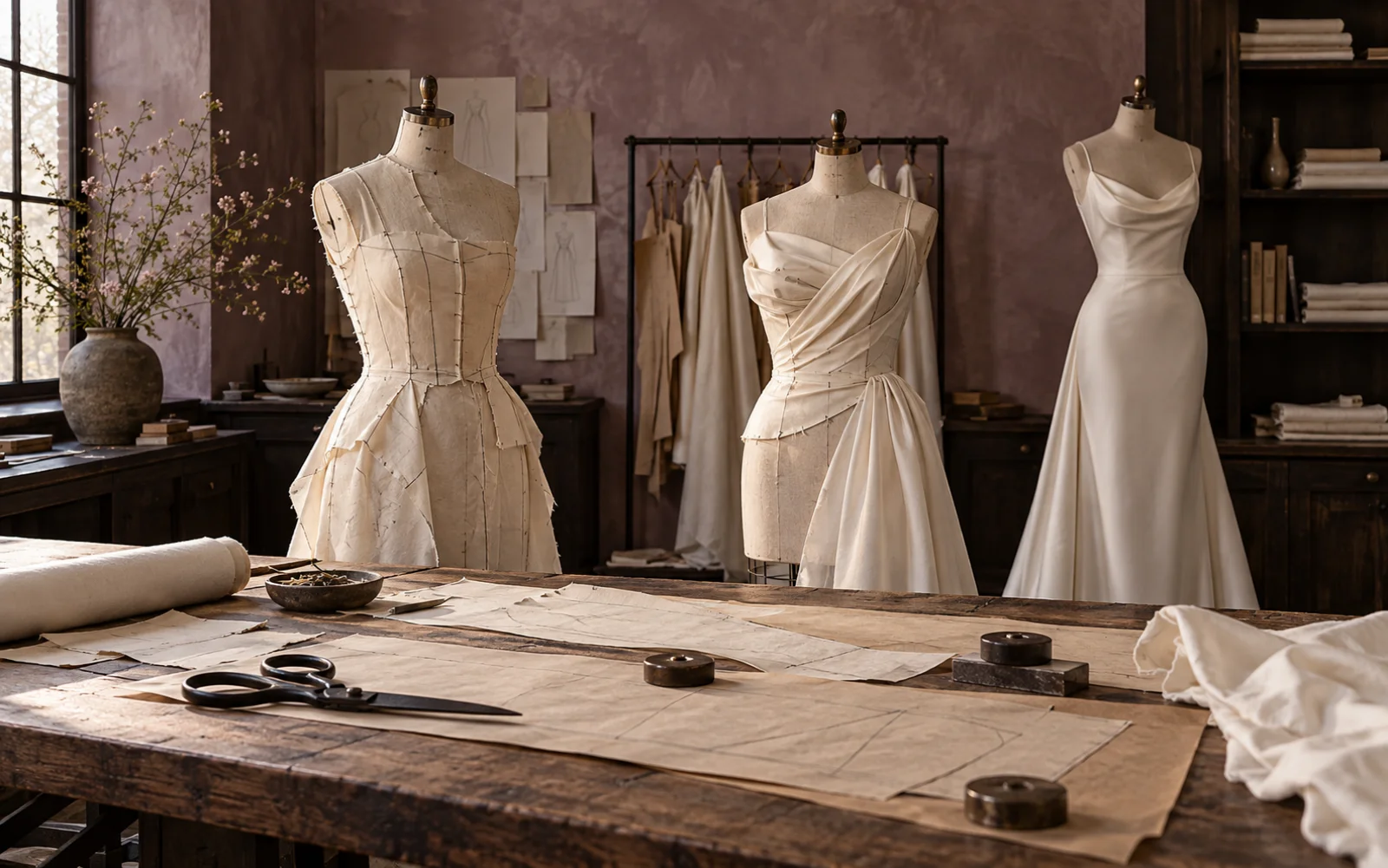Bridal silhouettes developed on dress forms