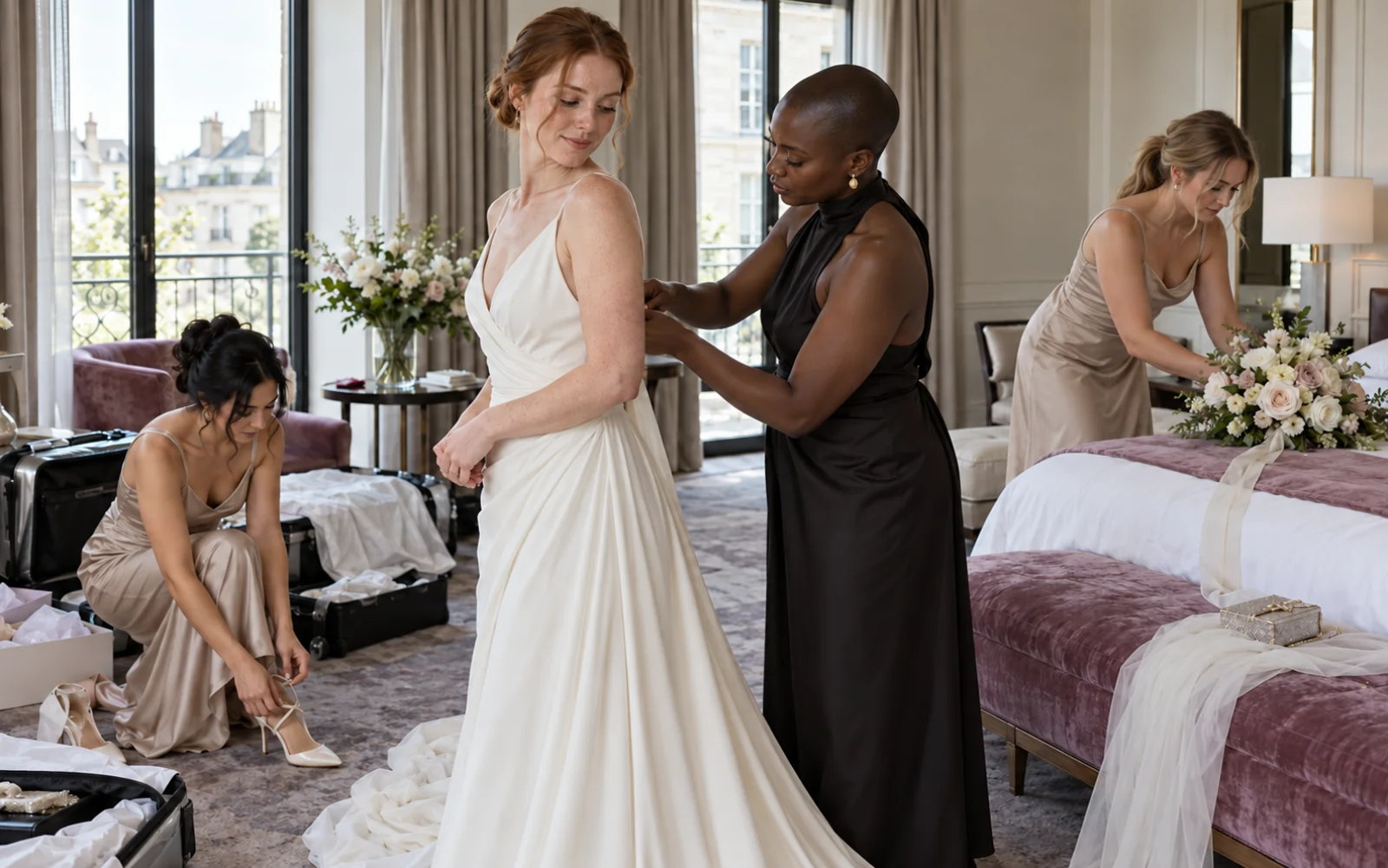 Bride being dressed during a calm wedding morning